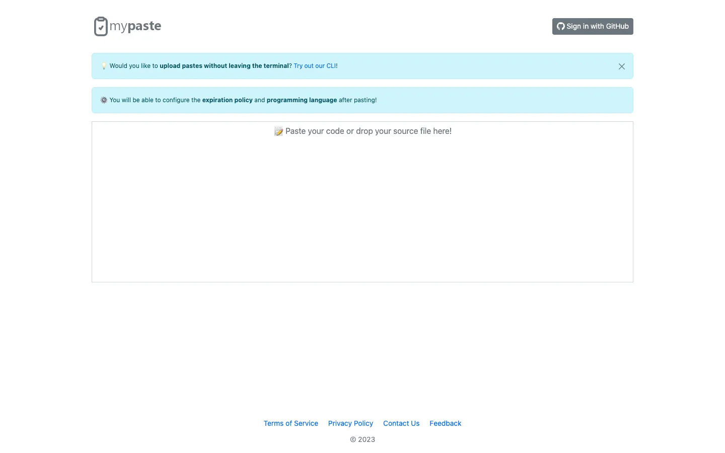Screenshot of the MyPaste homepage