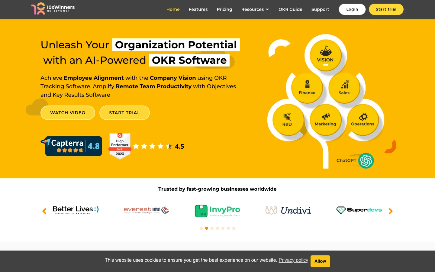 Screenshot of the 10xWinners OKR homepage