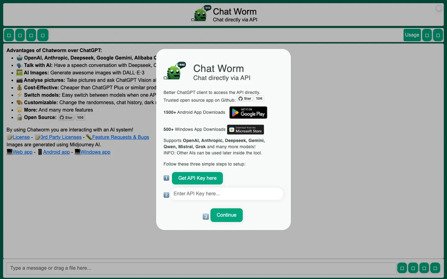 Screenshot of the Chatworm homepage