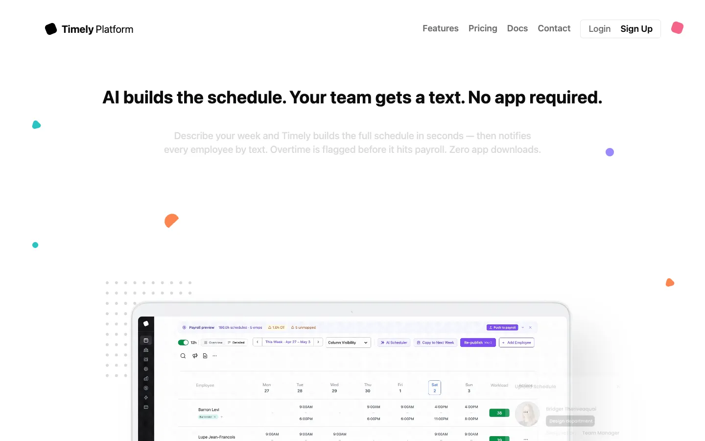 Screenshot of the Timely Platform homepage