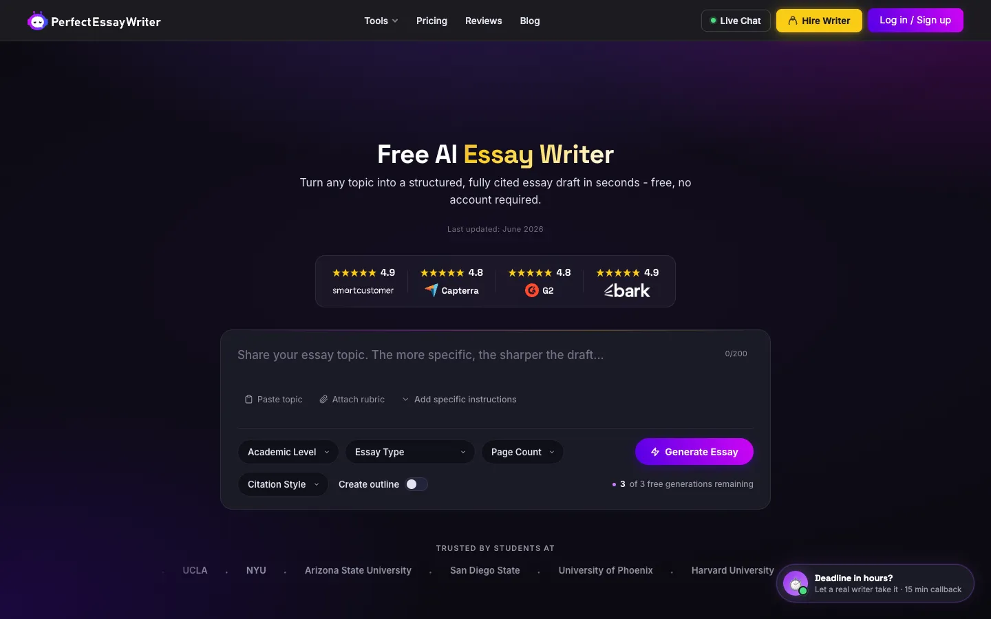 Screenshot of the PerfectEssayWriterAI homepage