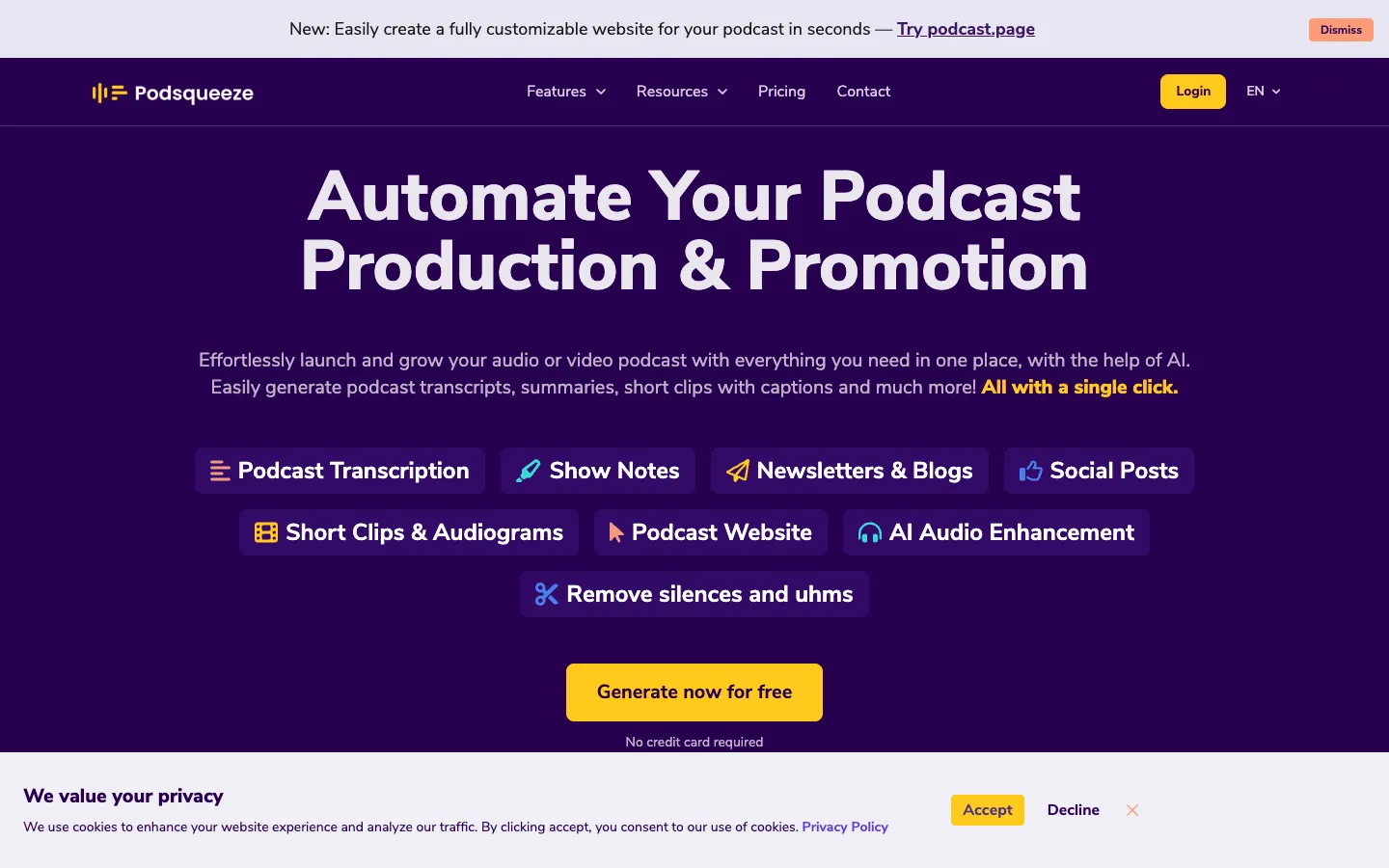 Screenshot of the Podsqueeze homepage