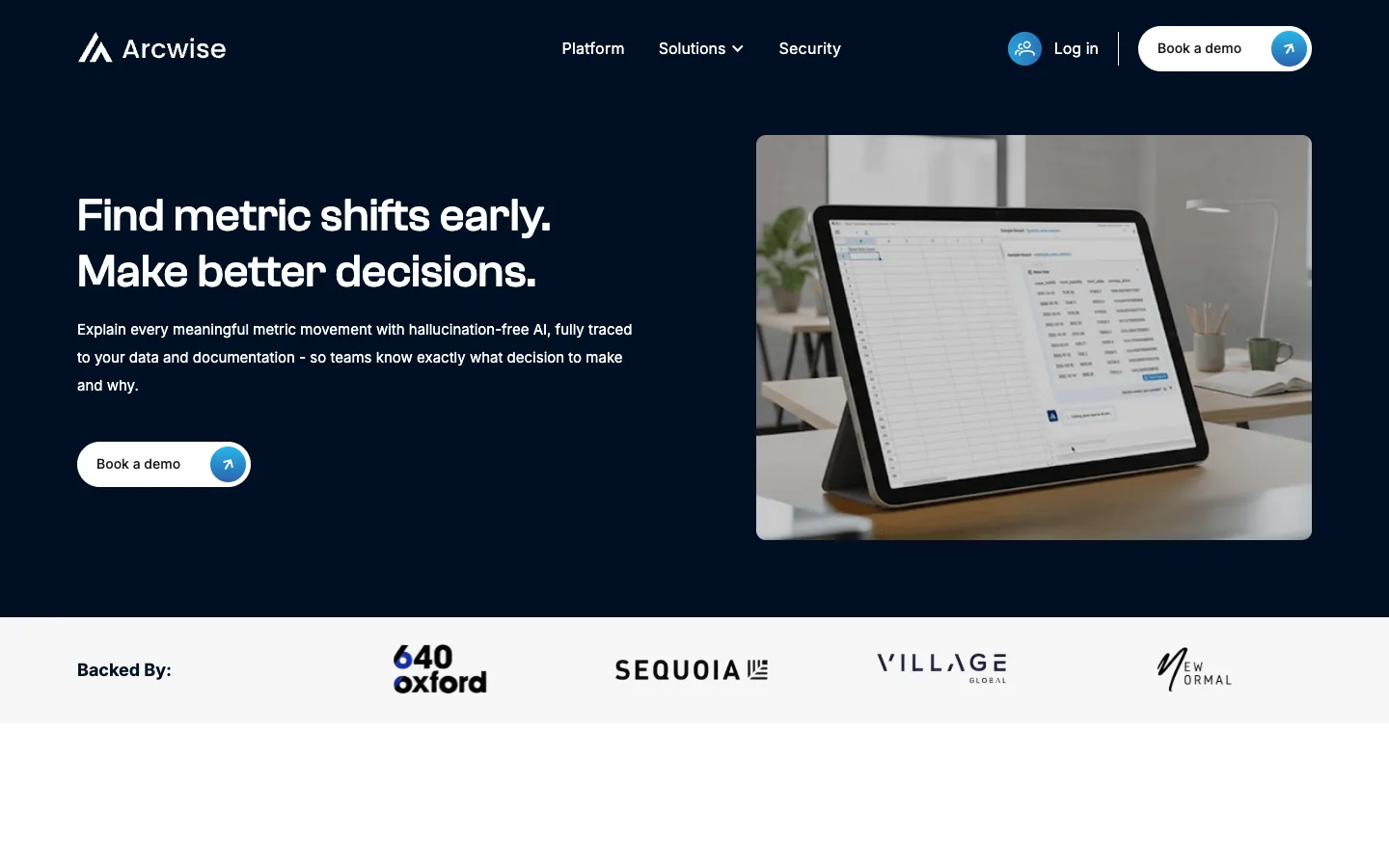 Screenshot of the Arcwise AI homepage