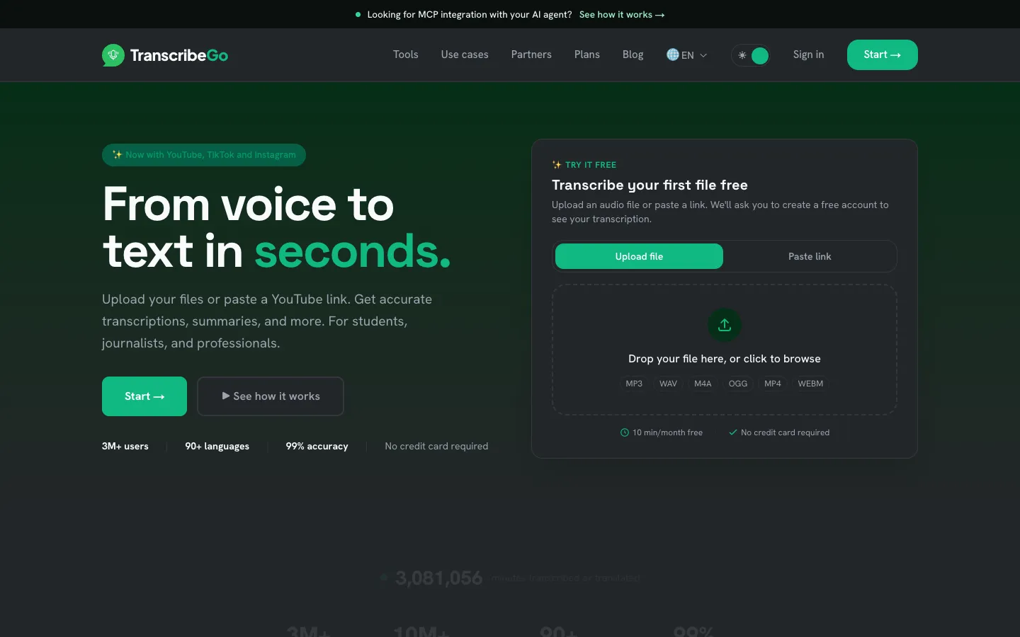 Screenshot of the TranscribeMe homepage