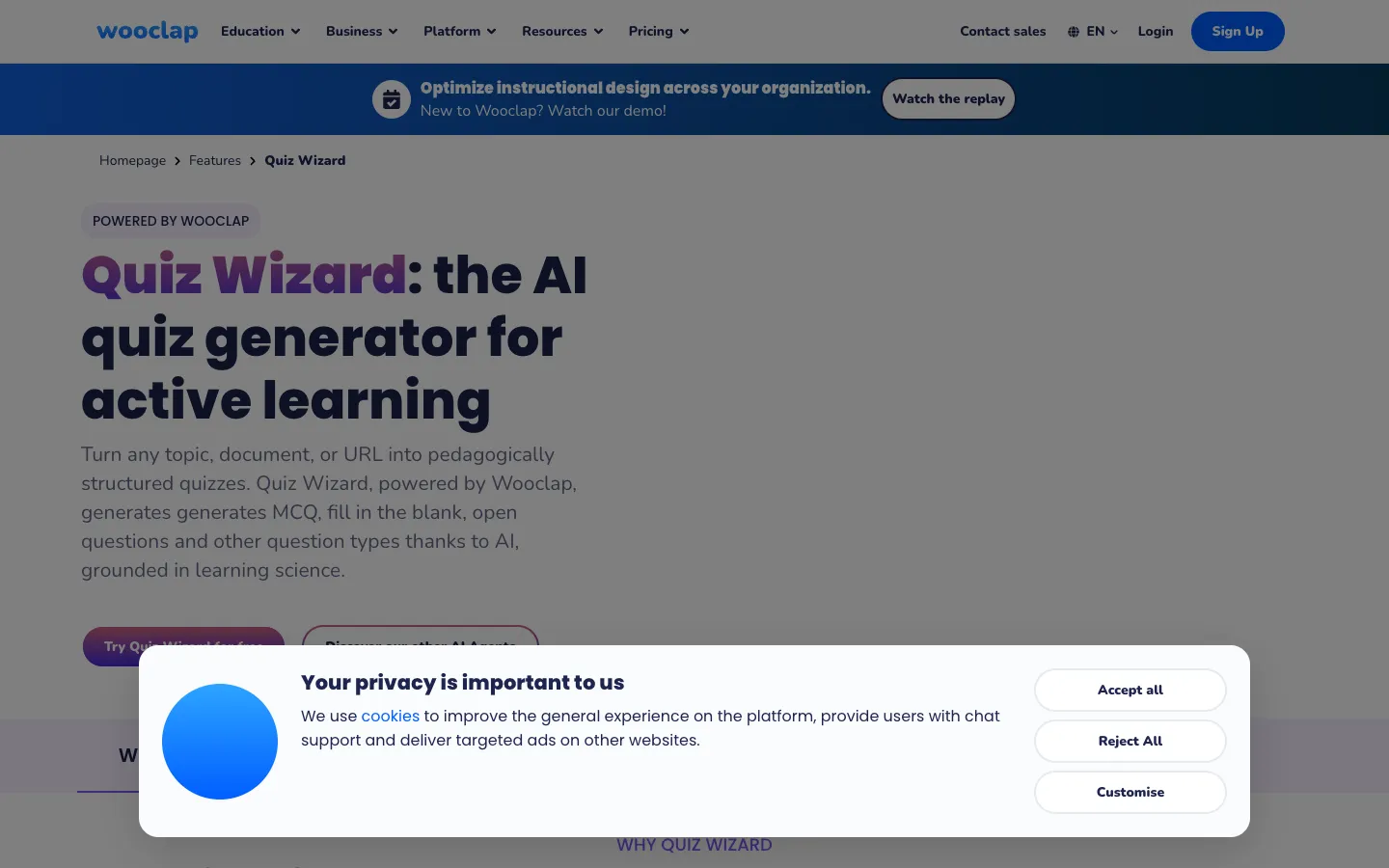 Screenshot of the Quiz Wizard homepage