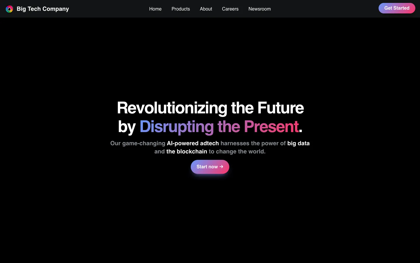 Screenshot of the Big Tech Company homepage