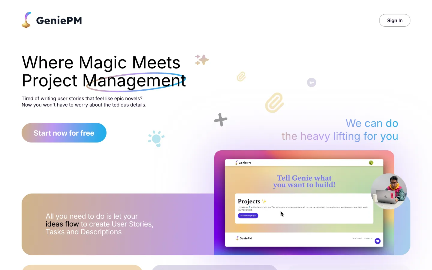 Screenshot of the GeniePM homepage