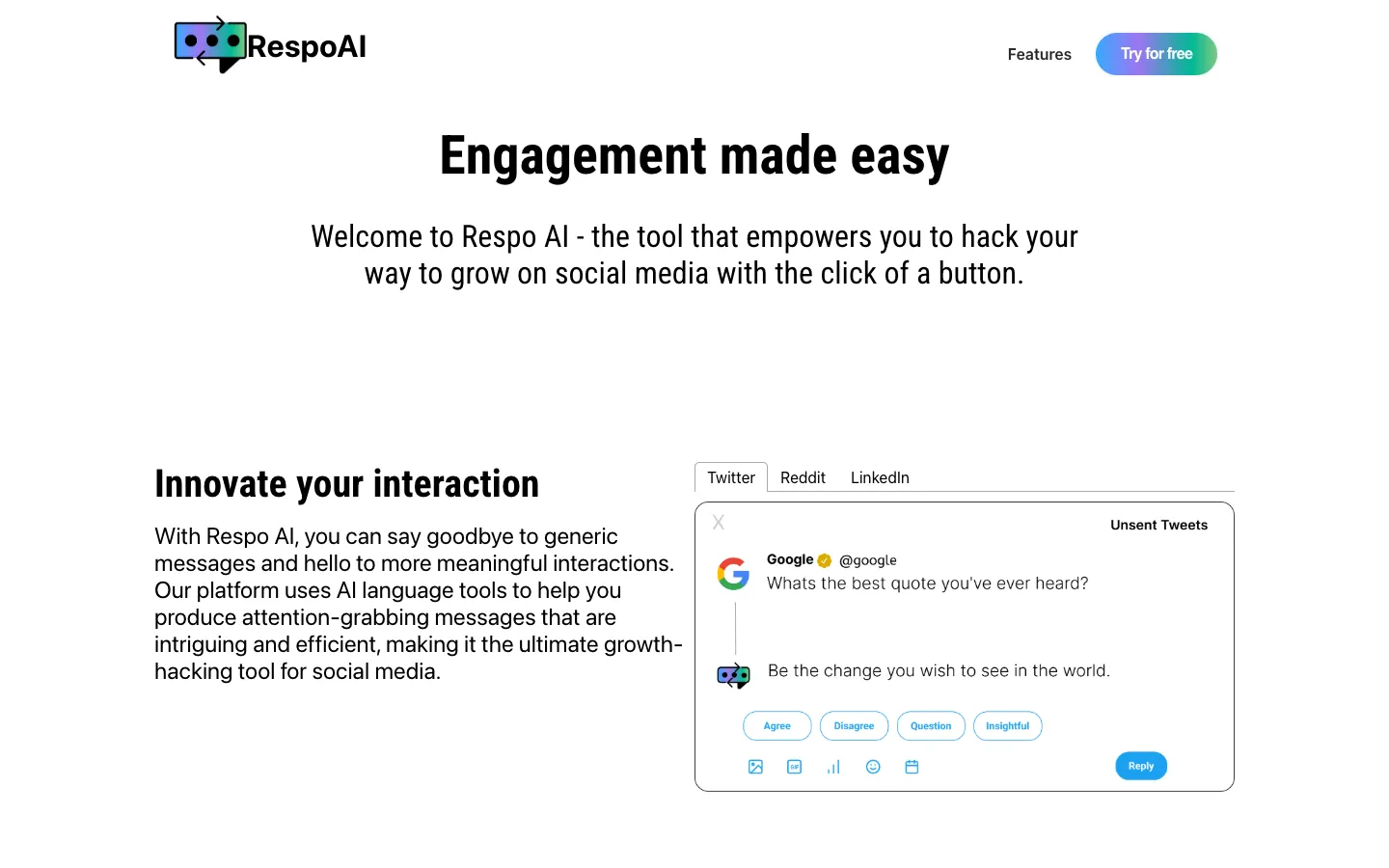 Screenshot of the Respo AI homepage