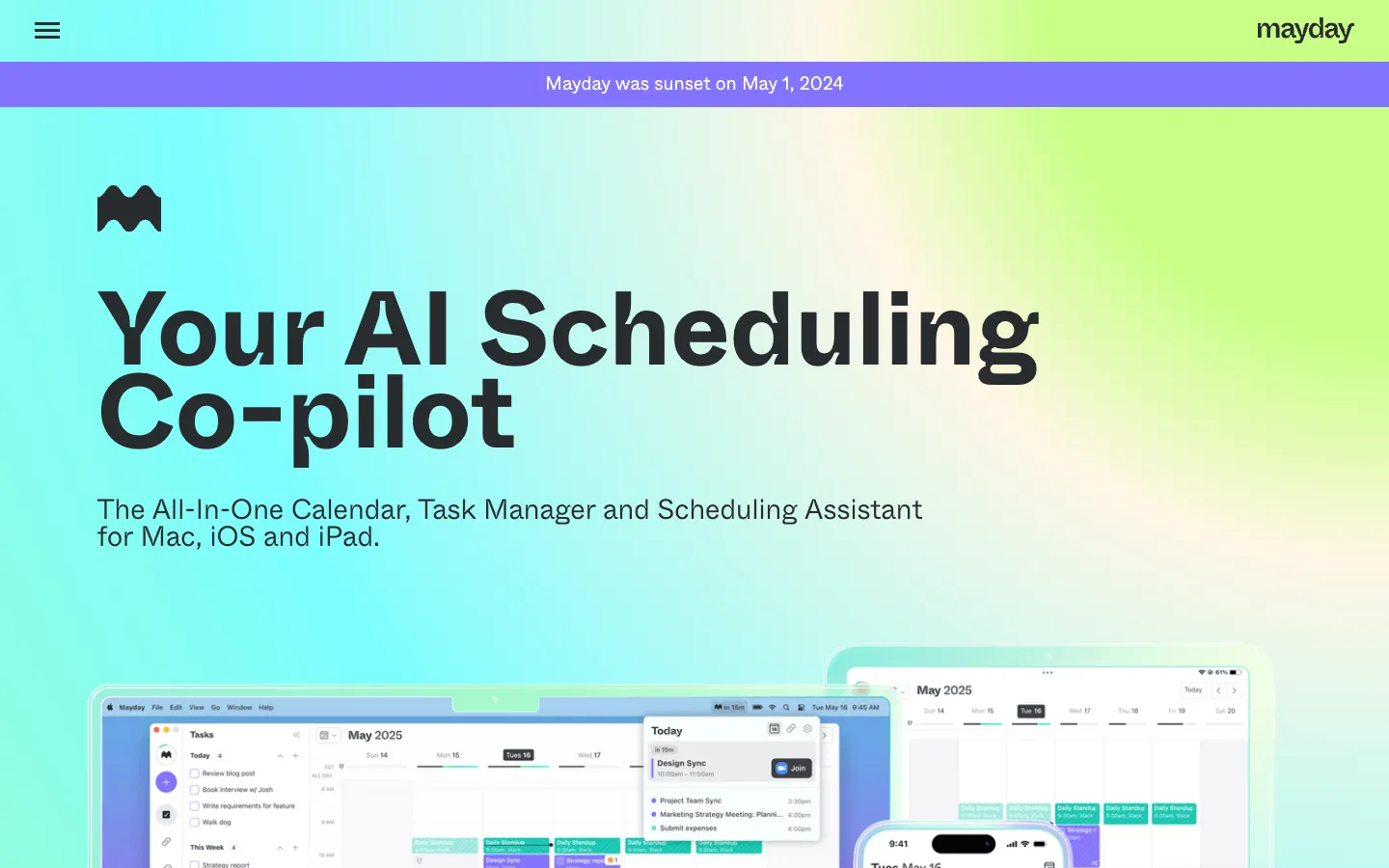 Screenshot of the Mayday homepage