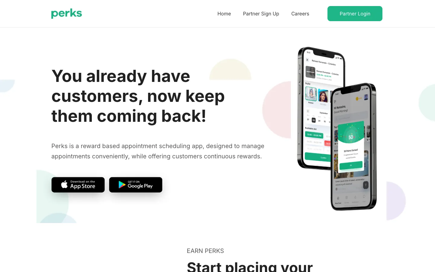 Screenshot of the Perks homepage