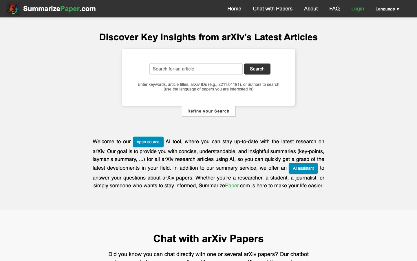 Screenshot of the SummarizePaper homepage