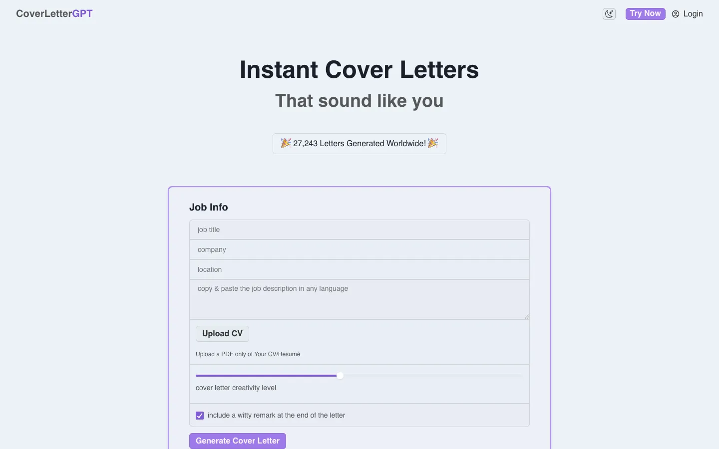 Screenshot of the CoverLetterGPT homepage