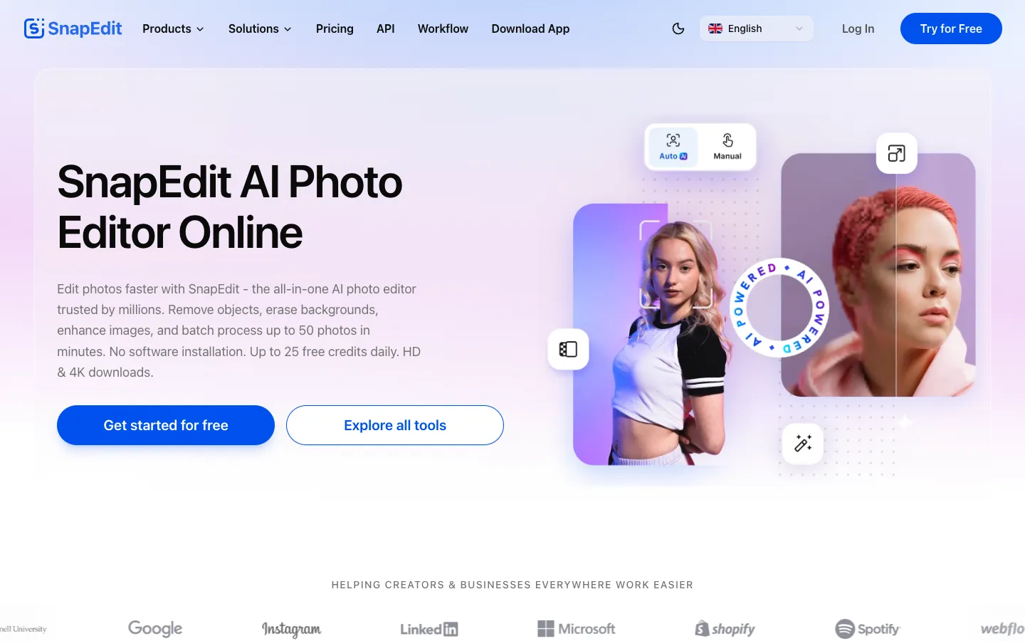 Screenshot of the SnapEdit - All-in-one AI Photo Editor homepage