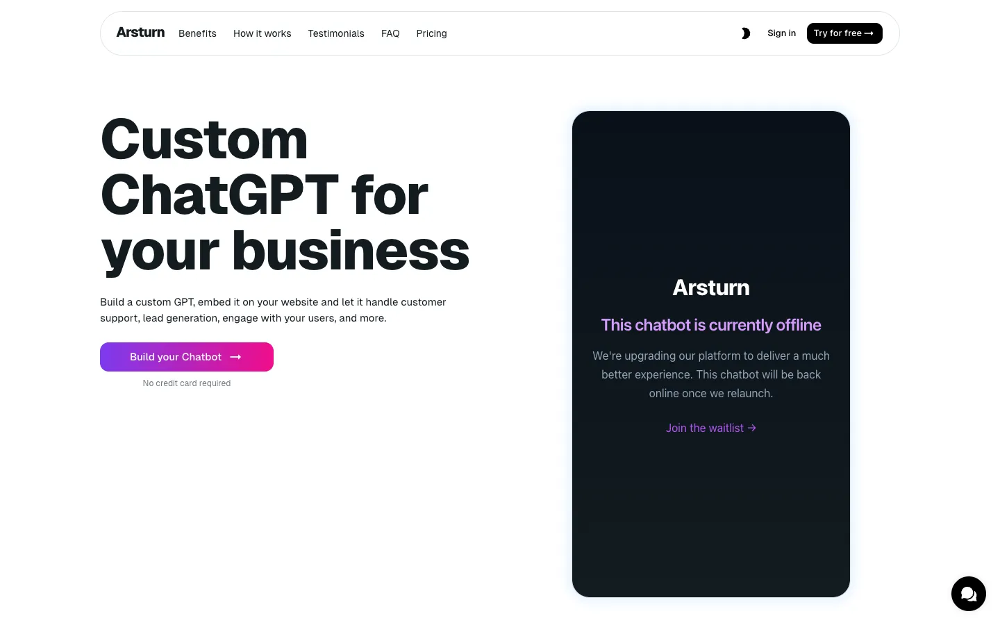Screenshot of the Arsturn AI homepage
