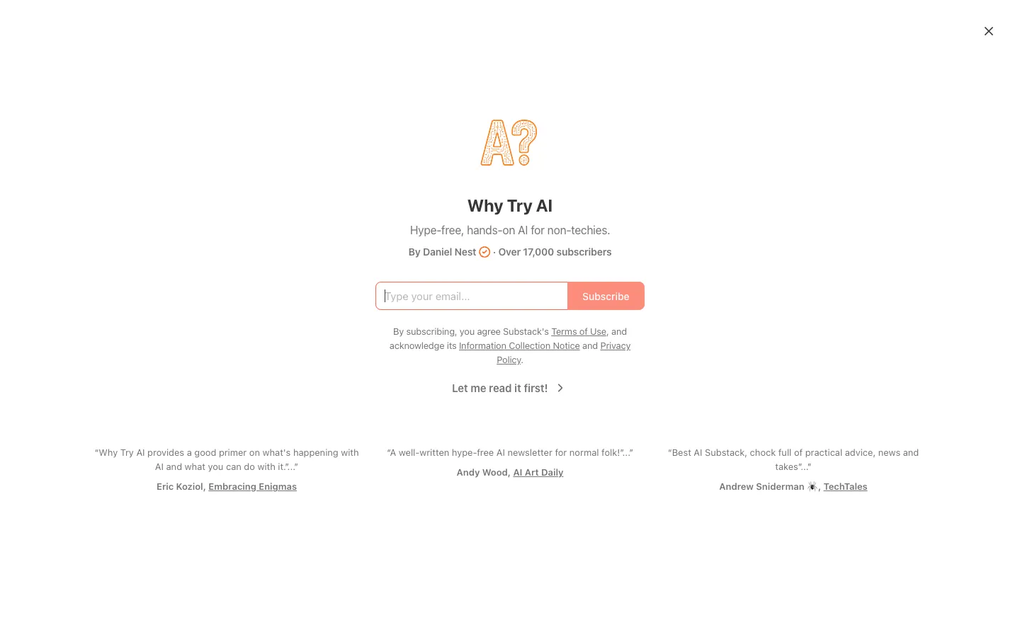 Screenshot of the Why Try AI homepage