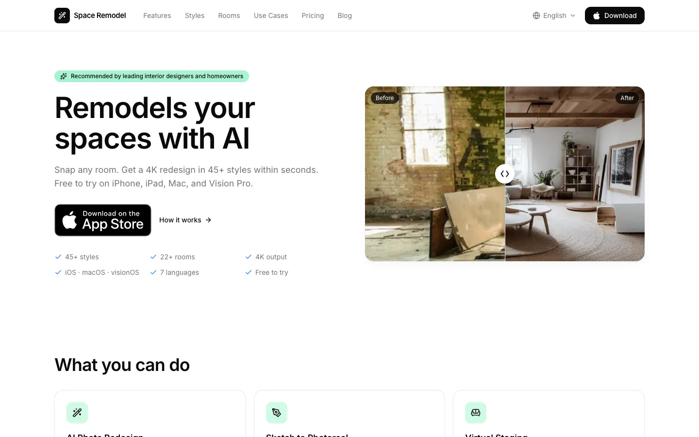Screenshot of the RoomAI homepage