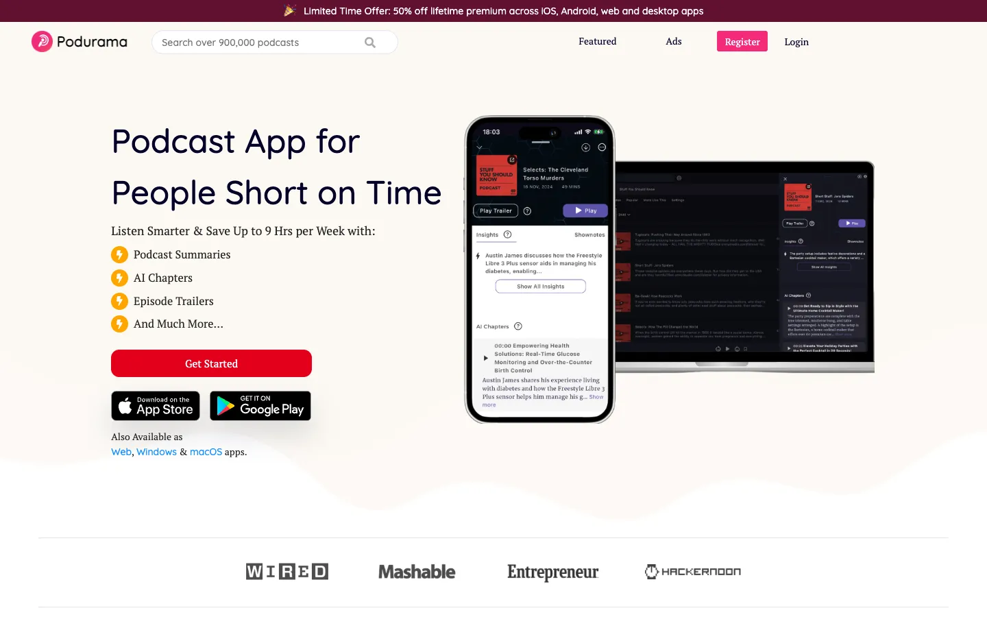Screenshot of the Podurama homepage