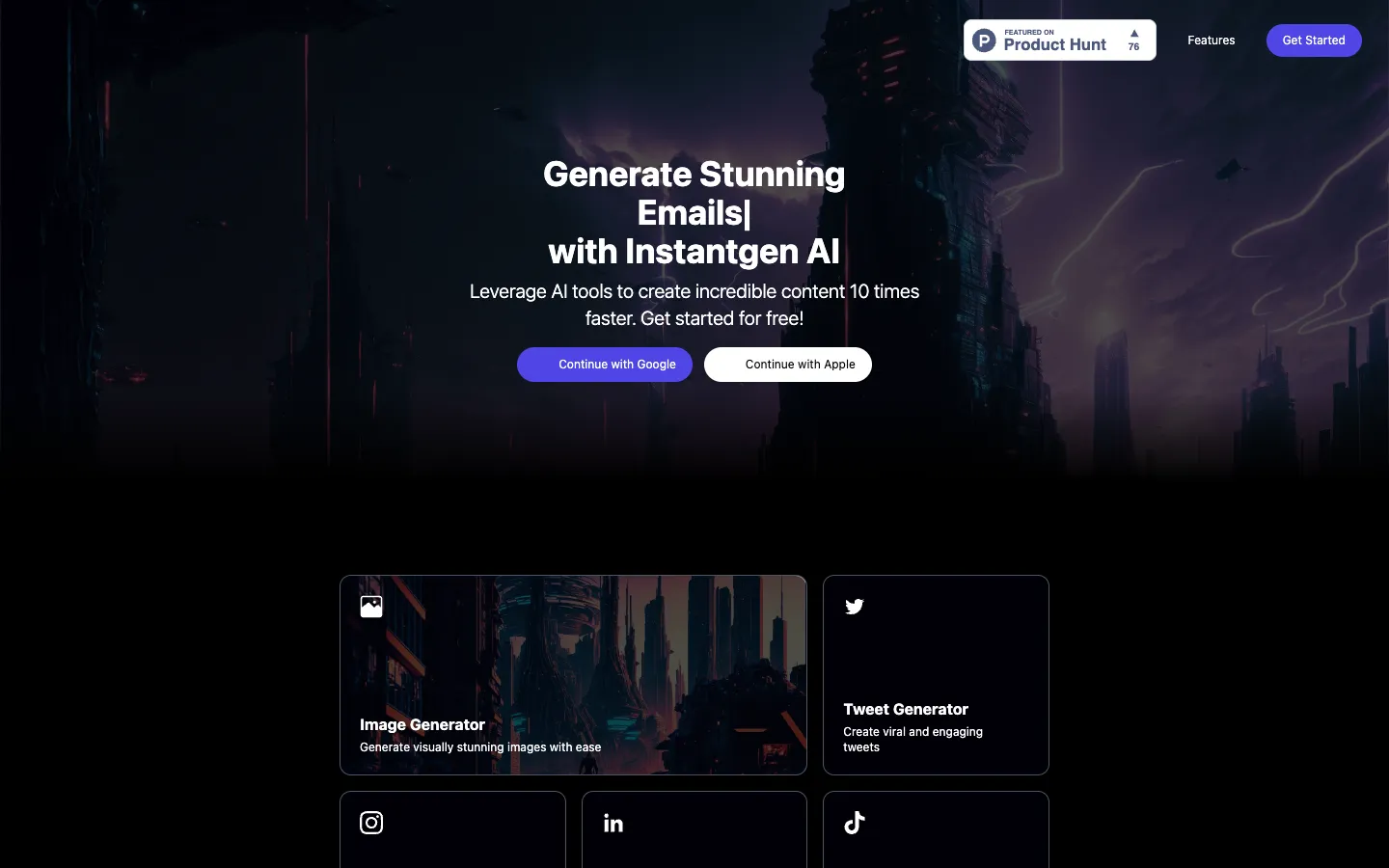 Screenshot of the Instantgen AI homepage