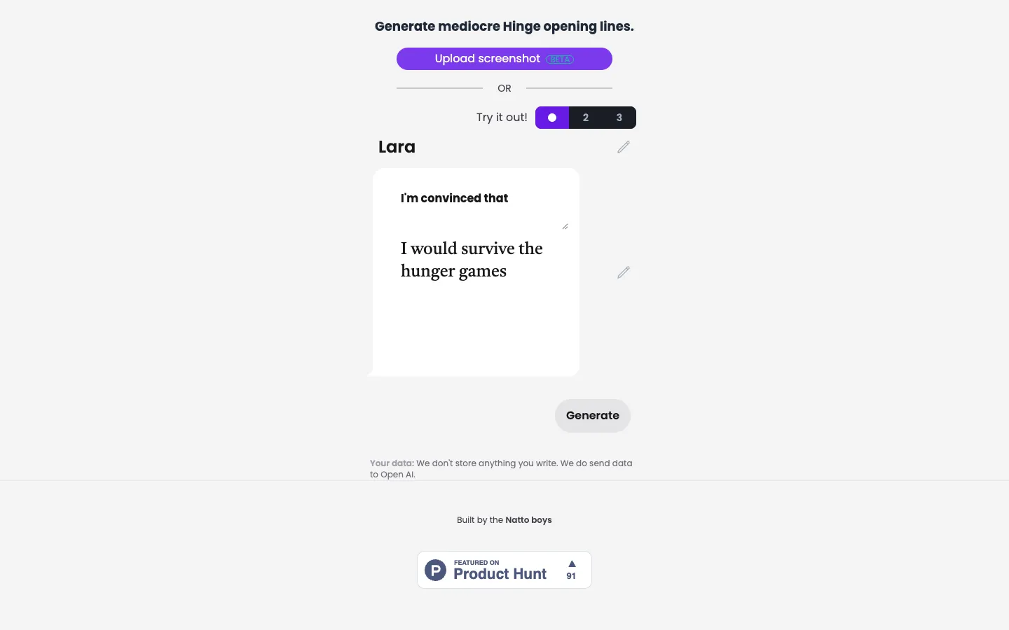 Screenshot of the HingeGPT homepage