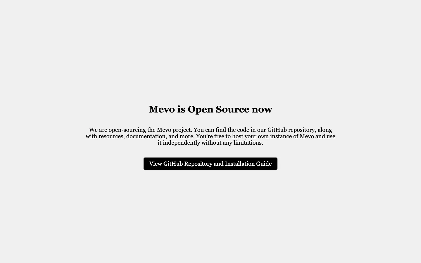 Screenshot of the Mevo homepage