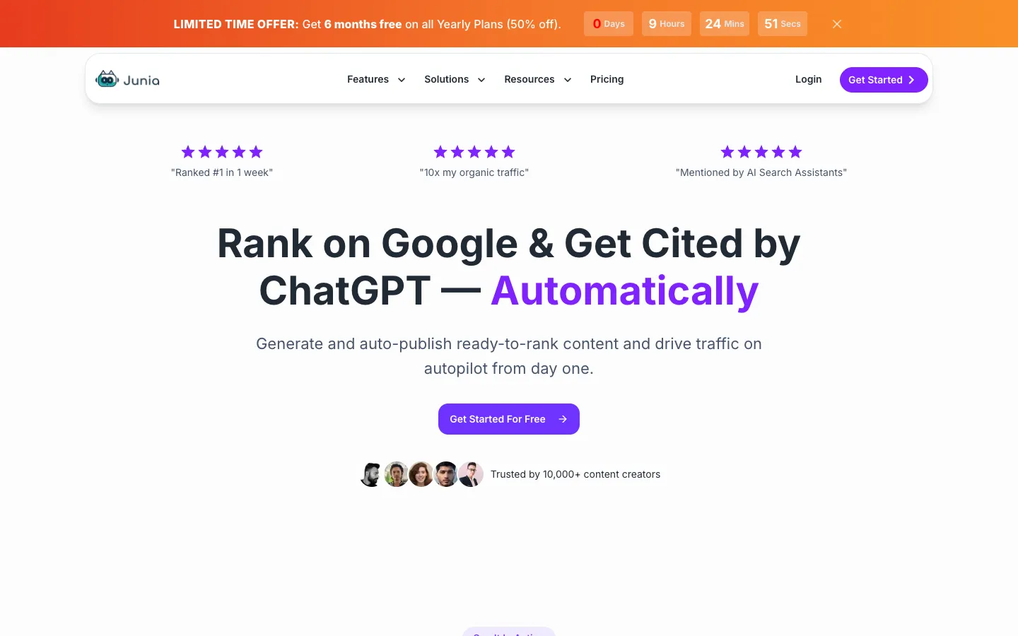 Screenshot of the Junia.ai homepage