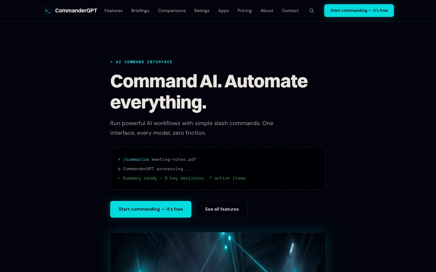 Screenshot of the Commander GPT homepage