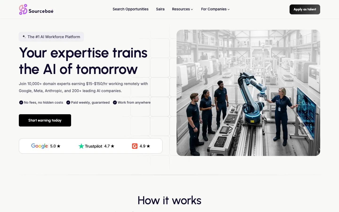 Screenshot of the SourceBae homepage