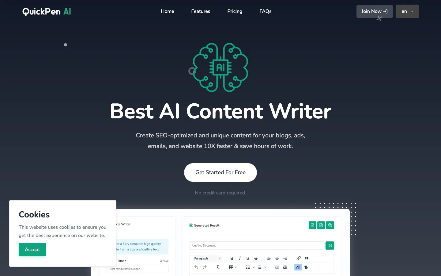 Screenshot of the QuickPenAI homepage