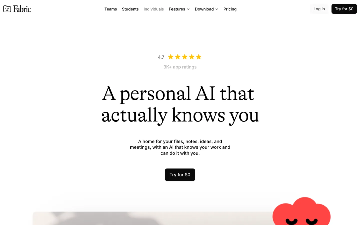 Screenshot of the Fabric homepage