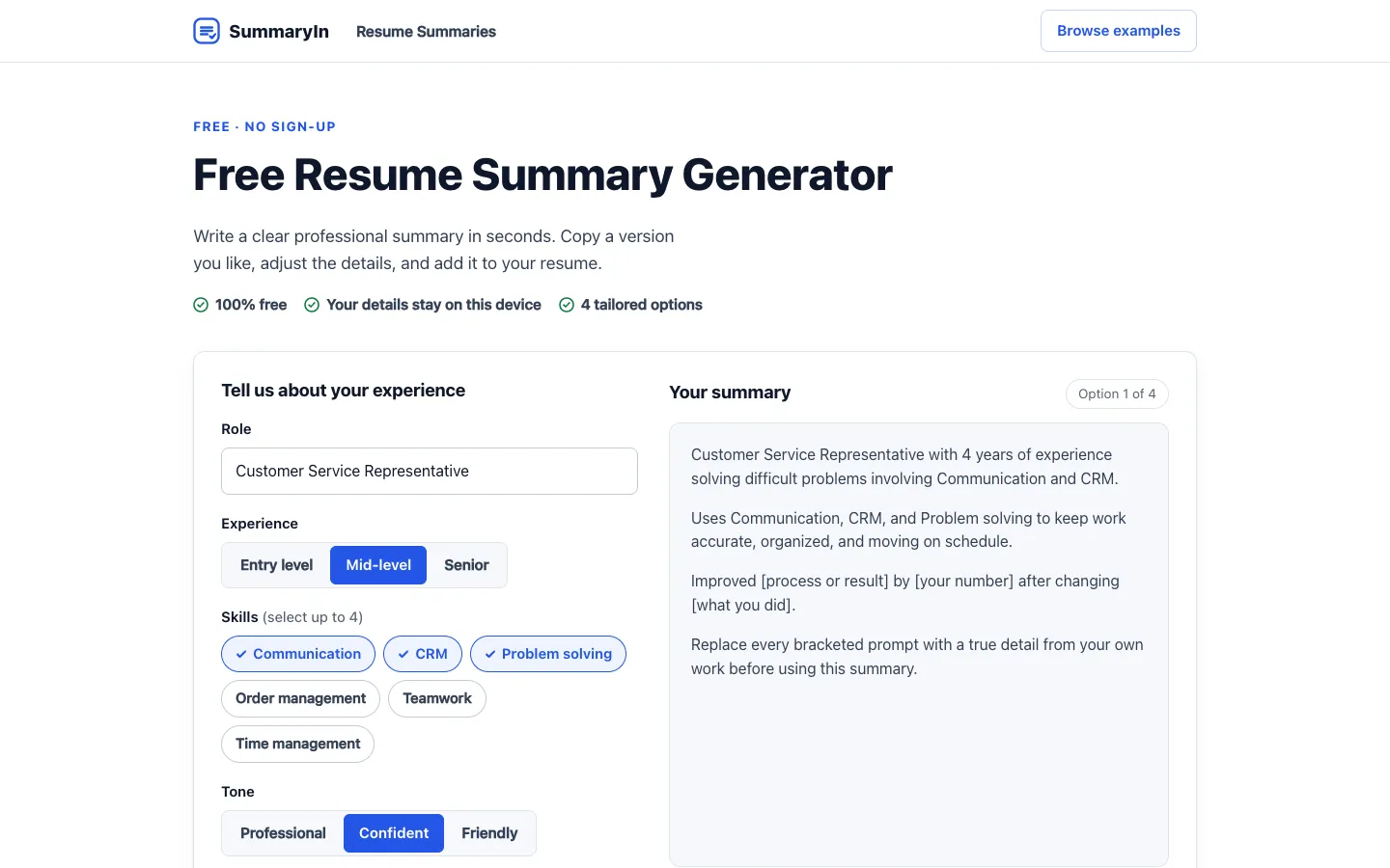 Screenshot of the LinkedIn Summary Generator homepage
