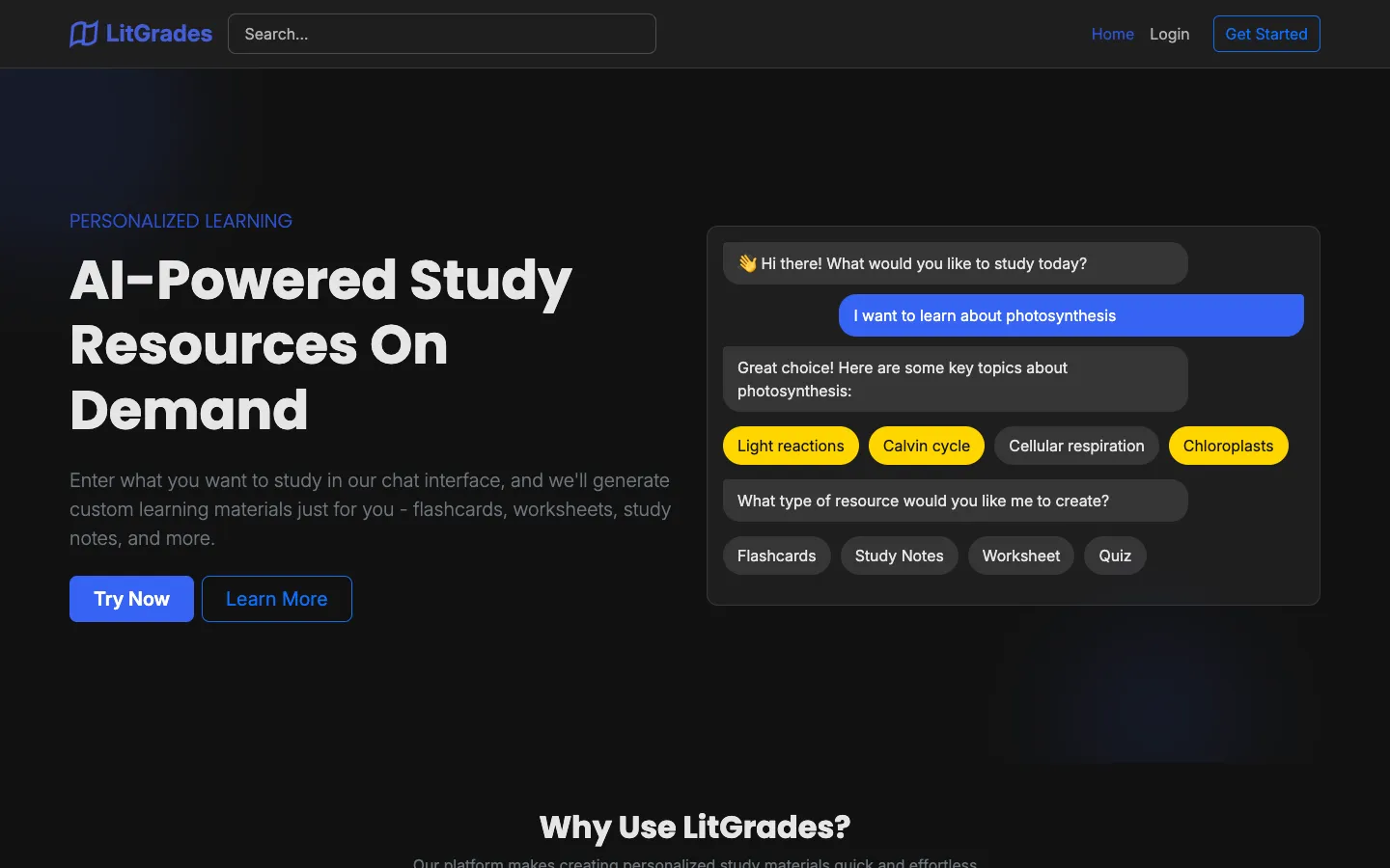 Screenshot of the LitGrades homepage