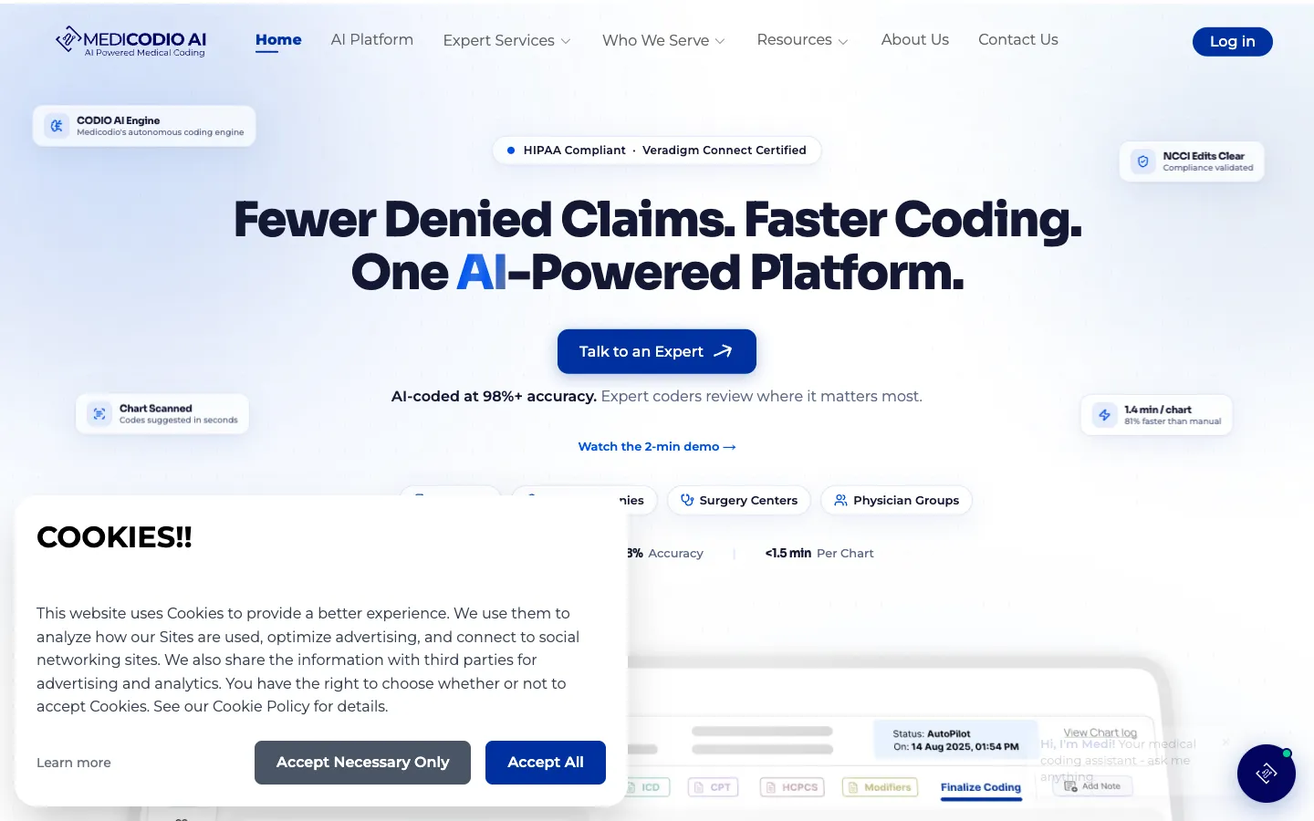 Screenshot of the CODIO, AI-powered medical coding tool homepage