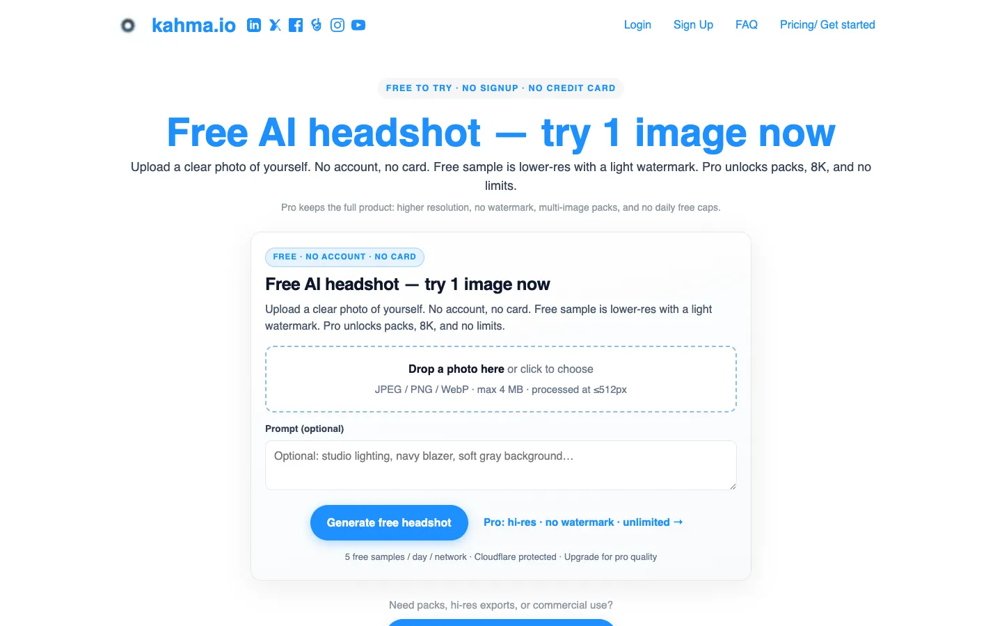 Screenshot of the AI headshots and selfies homepage