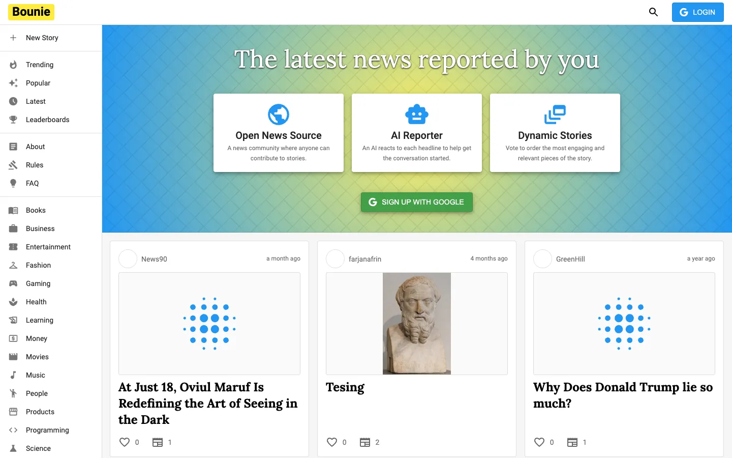 Screenshot of the Bounie homepage
