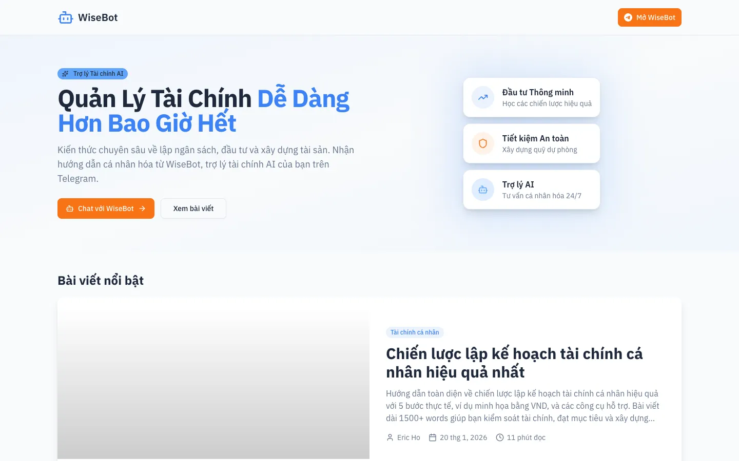 Screenshot of the Wisebot AI homepage