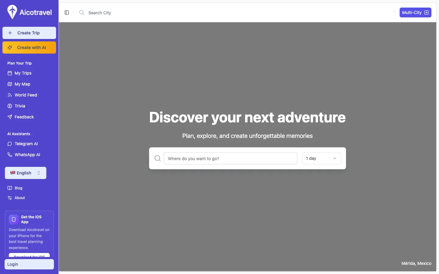 Screenshot of the Aicotravel homepage