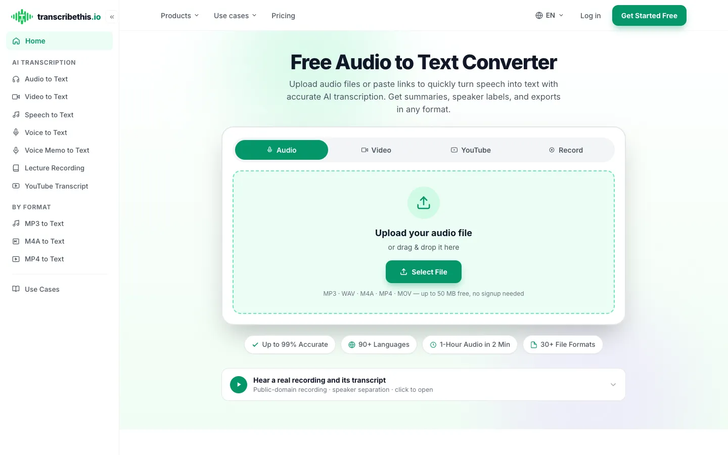 Screenshot of the AI audio transcription homepage