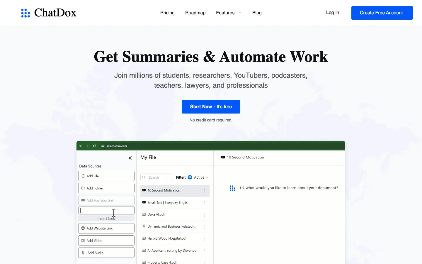 Screenshot of the ChatDox AI homepage