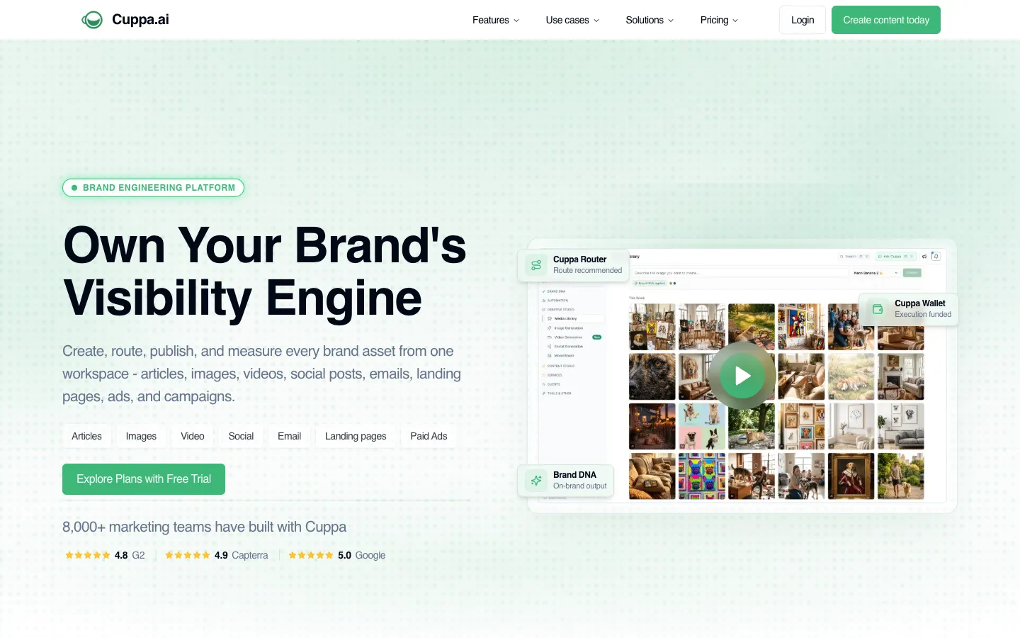 Screenshot of the Cuppa homepage