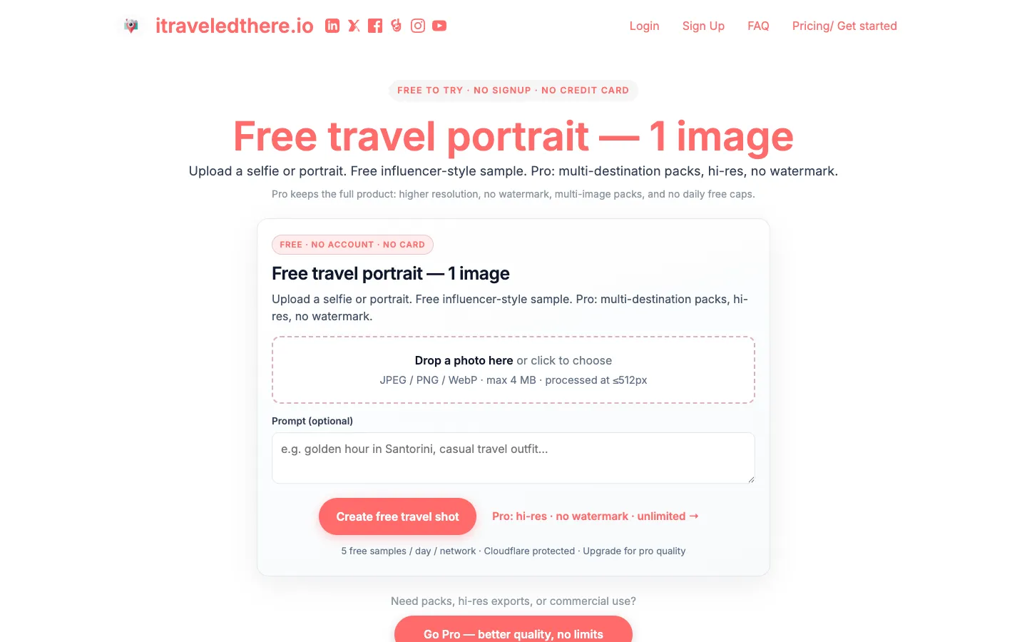 Screenshot of the AI Travel Selfies homepage