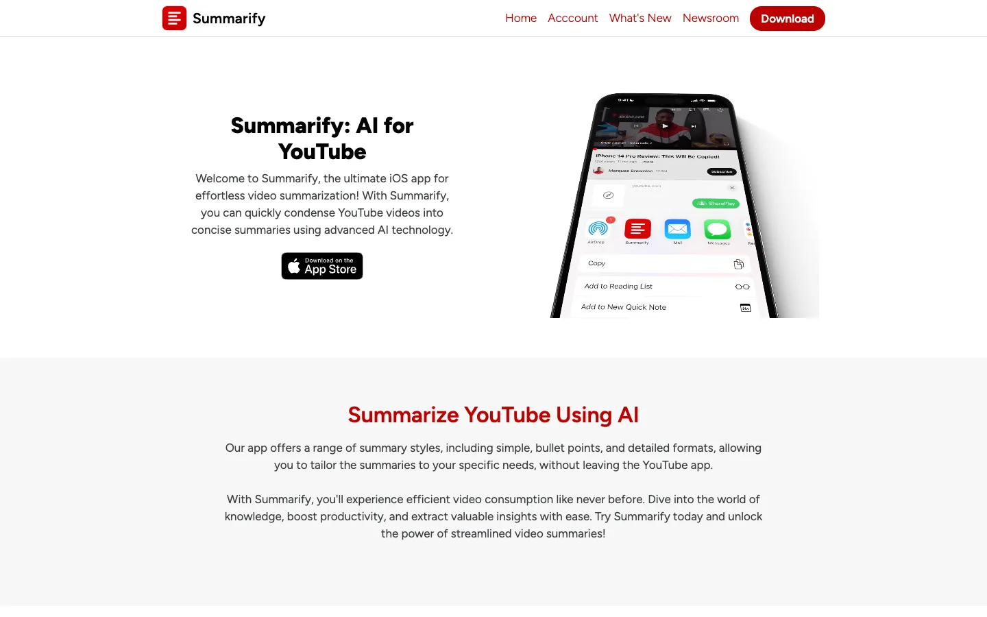 Screenshot of the Summarify AI For YouTube homepage