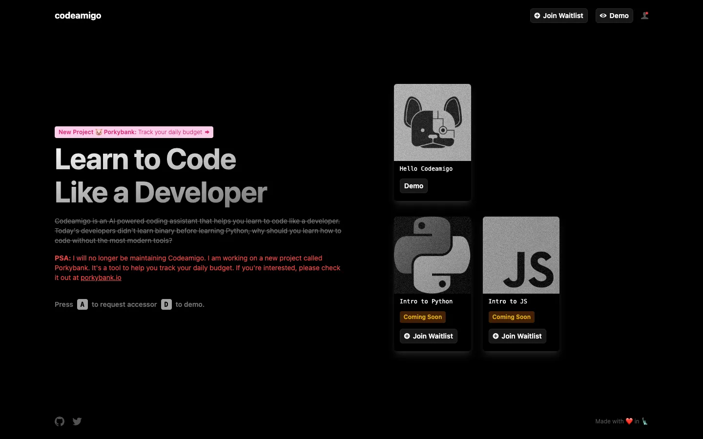 Screenshot of the Codeamigo homepage