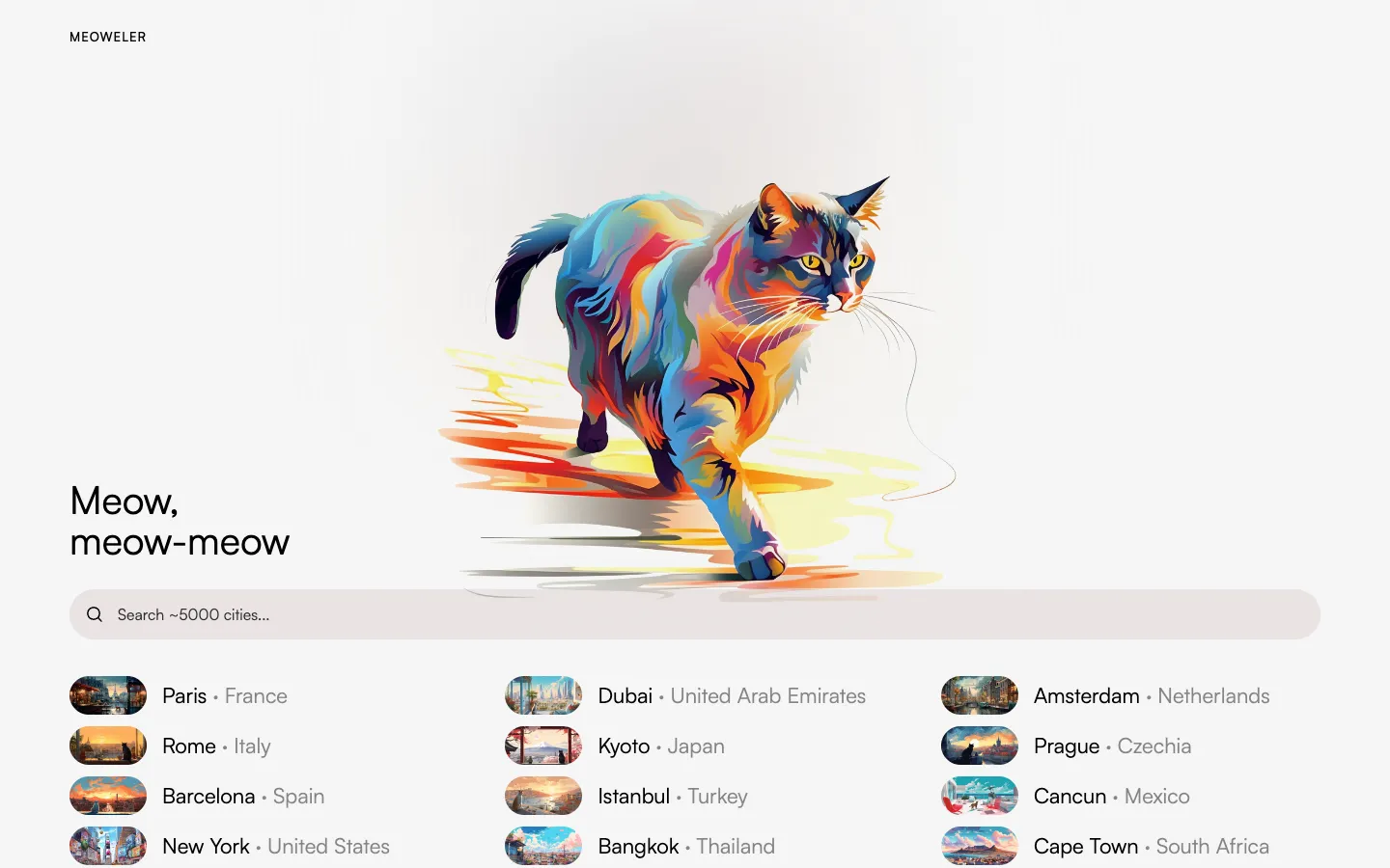 Screenshot of the Meoweler homepage