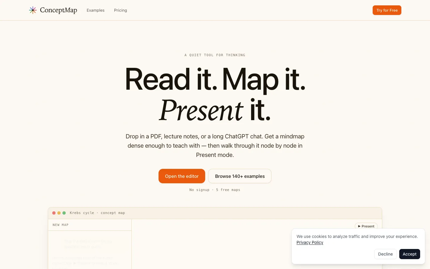 Screenshot of the ConceptMap AI homepage