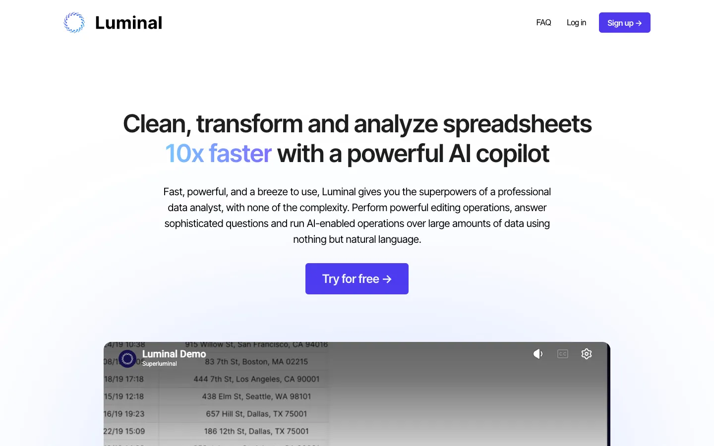 Screenshot of the Luminal homepage