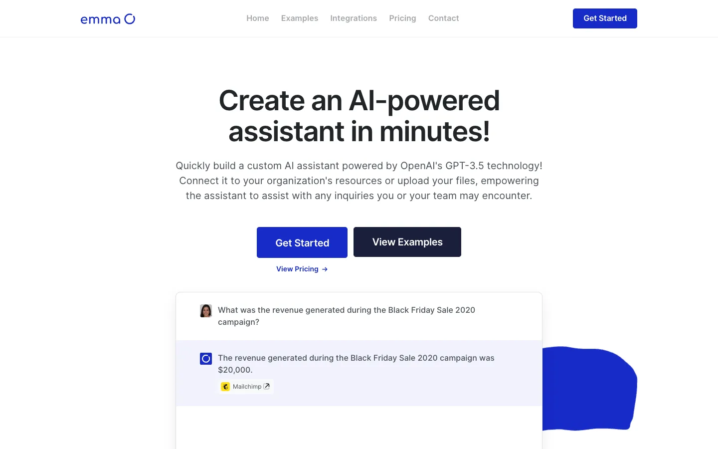 Screenshot of the Emma AI homepage