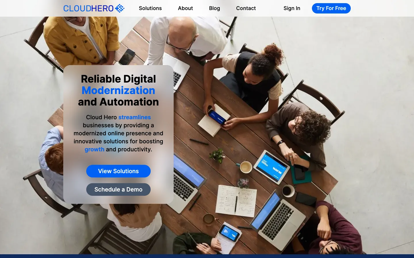 Screenshot of the Cloud Hero homepage