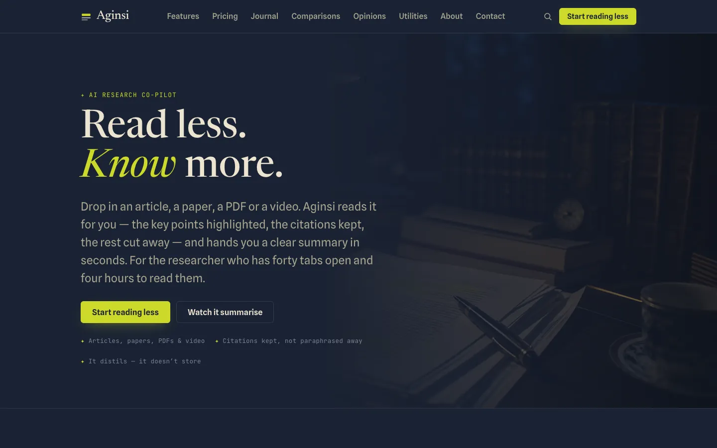 Screenshot of the Aginsi AI homepage