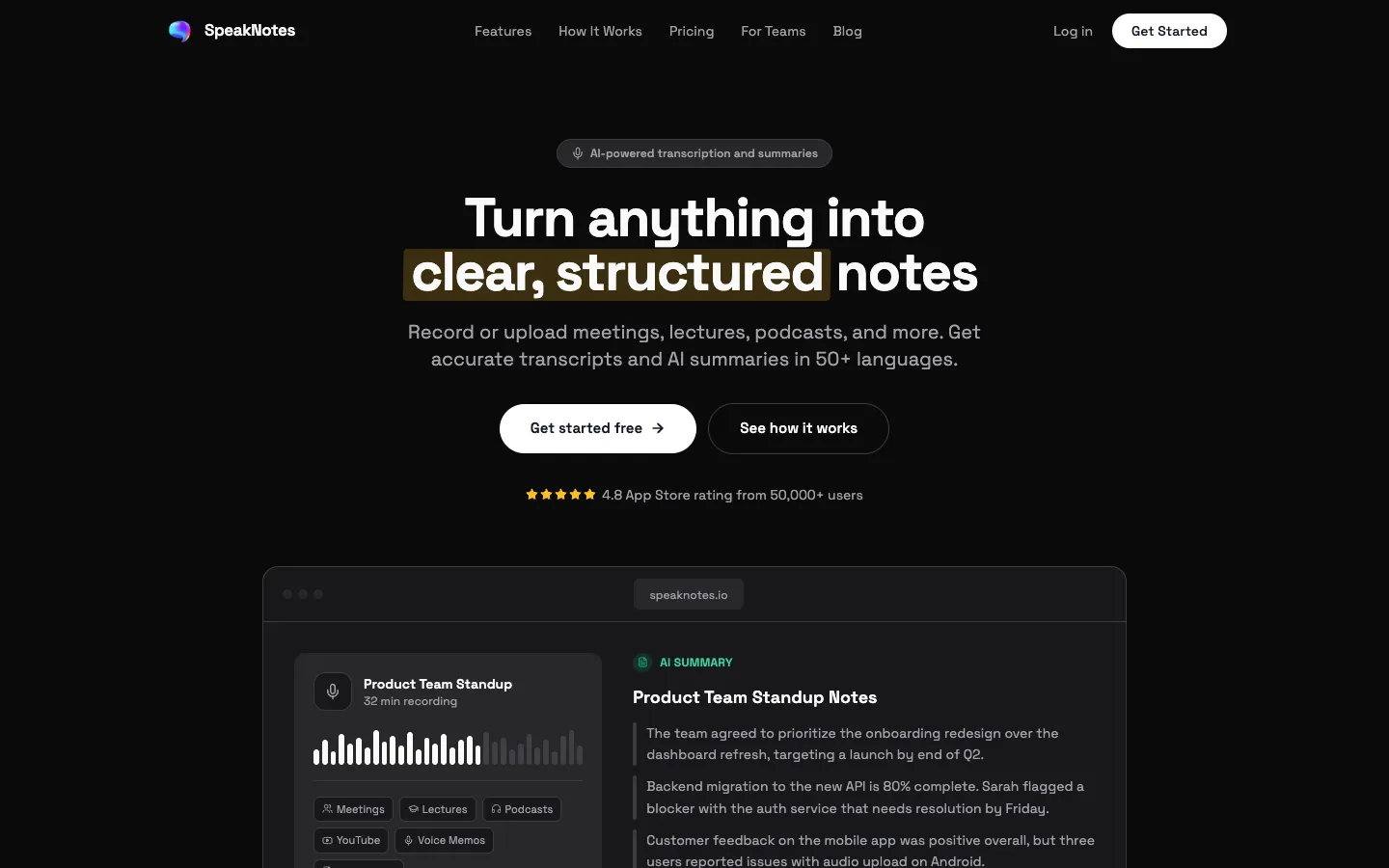Screenshot of the SpeakNotes homepage