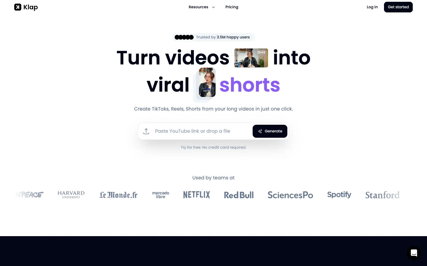 Screenshot of the Klap homepage